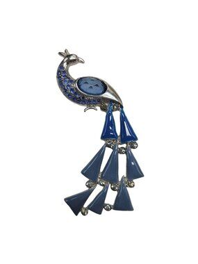 Silver-Tone & Blue Peacock Brooch With Rhinestones & Enamel 3" Statement Pin Jew